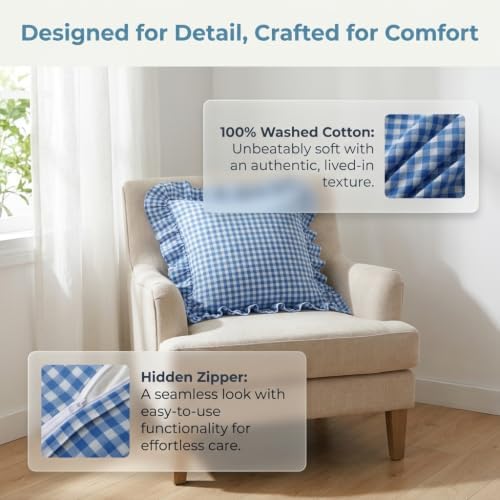 Silnuo 2 Pack Royal Blue/White Gingham Ruffle Throw Pillow Covers 20"x20" - Image 3