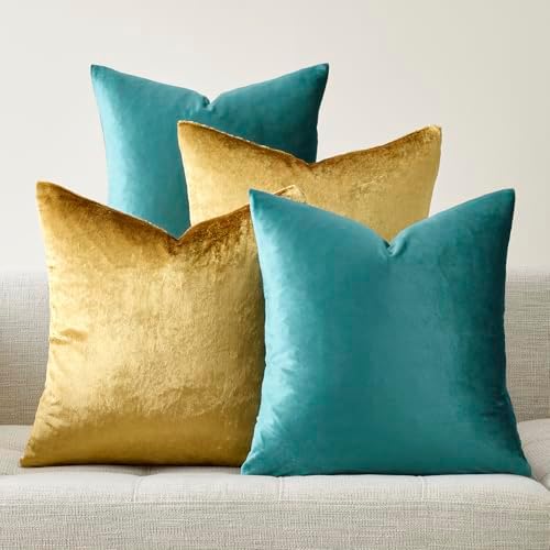 GIGIZAZA Pack of 4 Decorative Velvet Pillow Covers 16x16 Teal Gold by GIGIZAZAFocusingonhomedecoration