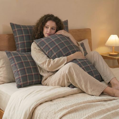 Merryword 100% Cotton Pillow Cases, Queen Size, Washed Cotton Deep Brown Plaid - Image 5
