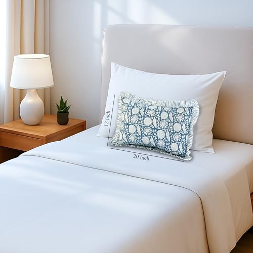 CPC Block Print Blue Meadow Ruffle Cotton Lumbar Pillow Cover 12x20 inch - Image 4
