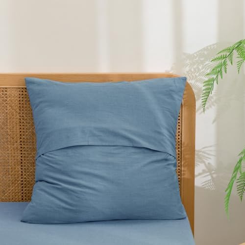 BESTOUCH Washed Cotton Pillowcases Linen Feel Dark Blue Euro - Image 2
