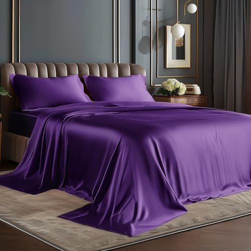 BEDELITE Satin Sheets California King Size Bed Set, Plum Purple, 4 Pieces by BEDELITE