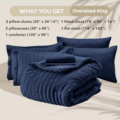 HYMOKEGE Navy Blue Oversized King Comforter Set Seersucker 7 Pieces, All Season - Image 5