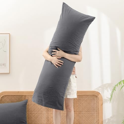 BESTOUCH Washed Cotton Pillowcases Linen Feel Quiet Shade Grey Body - Image 5