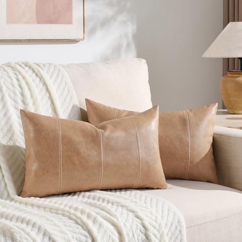 Fancy Homi Tan Long Lumbar Waterproof Faux Leather Decorative Throw Pillow - Image 2