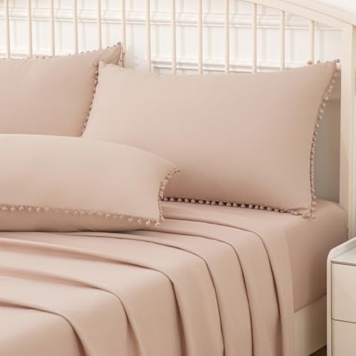 Pom Poms Pillow Shams Standard Size Set of 2, Taupe Decorative Pillowcases - Image 5