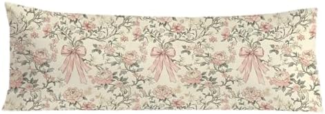 Coquette Chinoiserie Pink Floral Bow Body Pillow Covers 20x54, Grandmillennial by Exqcom