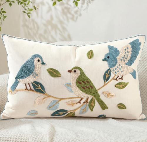 Animal Embroidered Lumbar Pillow Cover 20x12 Inch, Floral Birds by Kokaaee