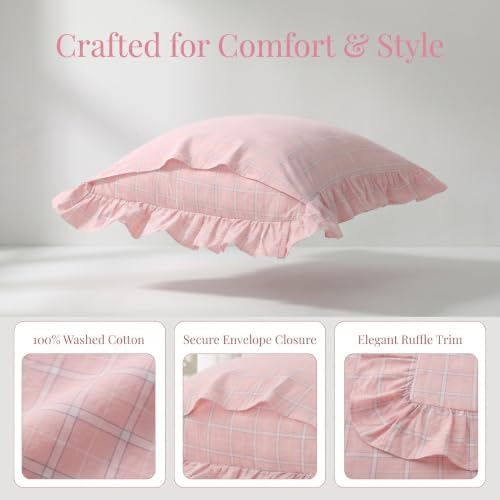 Mywinlle 2 Pack Blush Pink Plaid Ruffle Standard Size Pillow Shams -20"x26" - Image 3