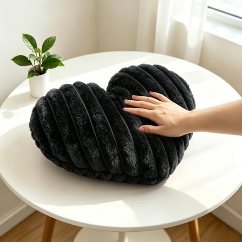 16 Inch Heart Shaped Pillow Black Faux Fur Fluffy Decorative Throw Pillows - Image 3