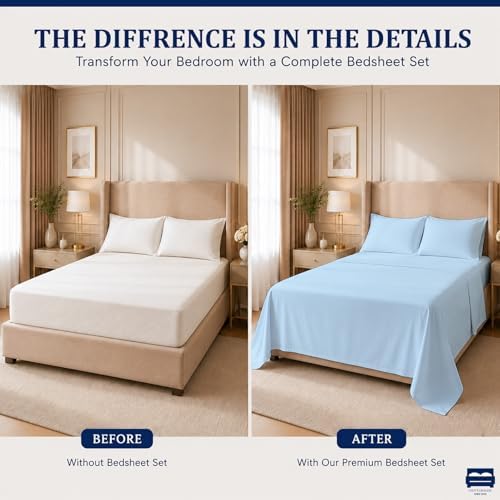 4 Piece Three Quarter Sheets Fits 16" Deep, Egyptian Cotton, Light Blue - Image 4