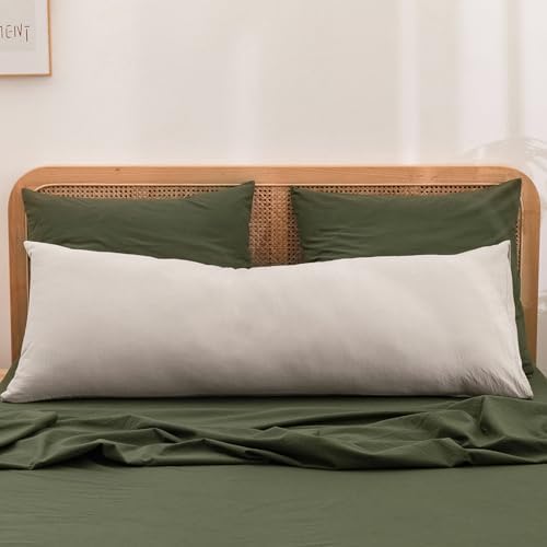 BESTOUCH Washed Cotton Pillowcases Linen Feel Olive Green Euro - Image 3