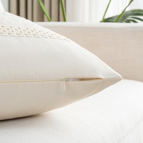 Fancy Homi Set of 2 Boho Cream Decorative Throw Pillow Cover 16x16 Inch - Image 3