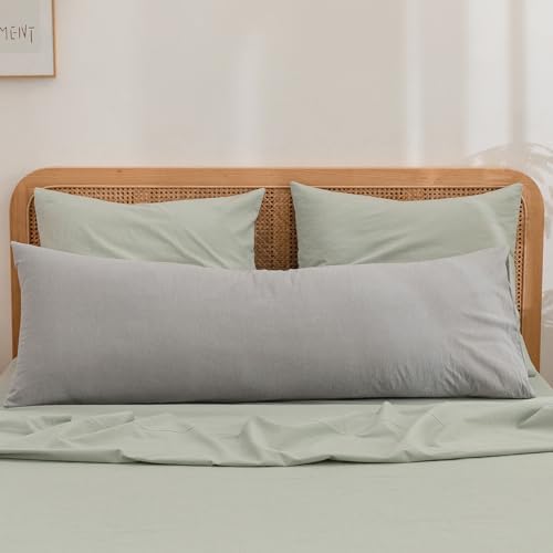BESTOUCH Washed Cotton Pillowcases Linen Feel Sage Green Euro - Image 3