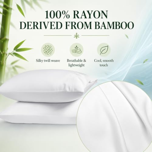 Pillow Cases Set, 100% Rayon from Bamboo, Standard 20"x26" White - Image 3