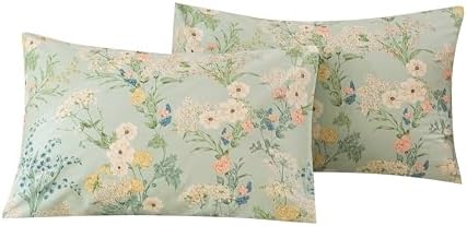 ECOCOTT Sage Green Floral Pillowcases Standard Size Set of 2, 100% Washed by ECOCOTT
