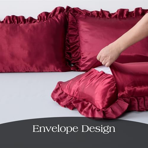 2 Pack Ruffle Satin Pillowcases Body Size 20"x54" Burgundy - Image 6