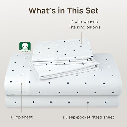 California Design Den 100% Cotton Sateen King Sheet Set, Polka Dot Print - Image 4