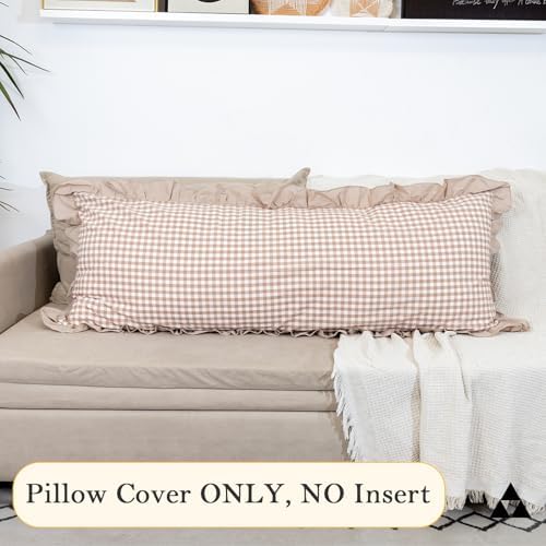 JoraLion Ruffled Body Pillow Cover 20x54 Gingham Khaki Solid Edge - Image 5