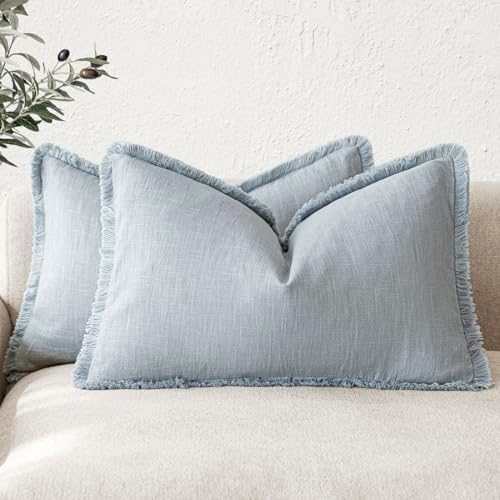 Foindtower Boho Linen Fringe Lumbar Throw Pillow Covers 12×20 Sky Blue by Foindtower