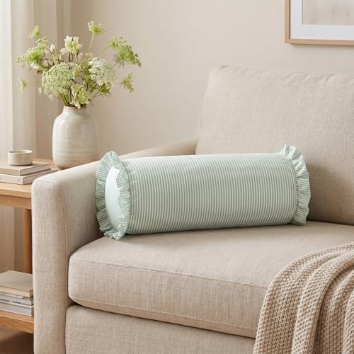 Ruffle Bolster Pillow Cover 8" x 20" Green Stripes Print - Image 6