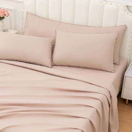 Pom Poms Pillow Shams Queen Size Set of 2, Taupe Decorative Pillowcases - Image 2