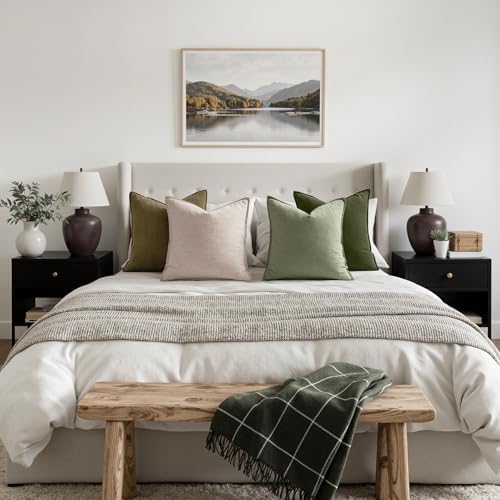 MIULEE Green and White Boho Linen Pillow Covers 20x20 Inch Pack of 4 - Image 5