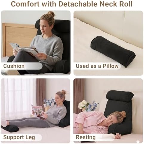 Reading Pillow for Bed with Detachable Neck Roll and Shredded Memory Foam - Image 7