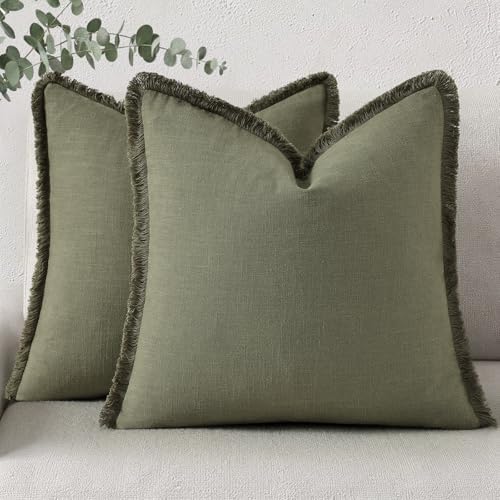 decorUhome Linen Fringe Olive Green Throw Pillow Covers 18x18 Set of 2 by decorUhome