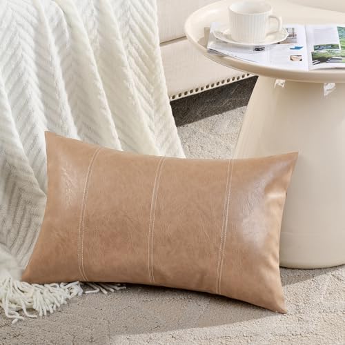 Fancy Homi Tan Long Lumbar Waterproof Faux Leather Decorative Throw Pillow by Fancy+Homi