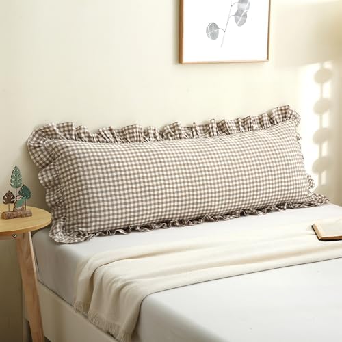Warm Taupe Gingham Body Pillow Cover 20x54, Ruffled Cotton Sham by Jilboo