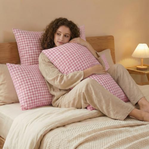 Merryword 100% Cotton Body Pillow Cover, 20 x 54, Cotton Pink Gingham Pillowcase - Image 5