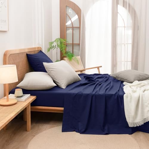 BESTOUCH Washed Cotton Pillowcases Linen Feel Navy Blue Euro - Image 5