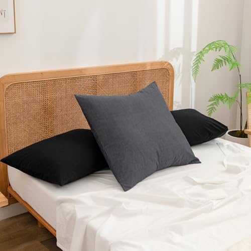BESTOUCH Washed Cotton Pillowcases Linen Feel Dark Black Euro by BESTOUCH
