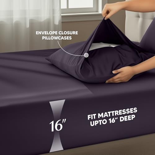 Full Sheets Set, 4 Pieces 16" Deep Pocket Hotel Luxury Sheets, Dark Purple - Image 4