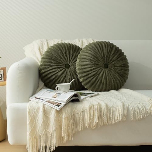 HIG Set of 2 Olive Flannel Decorative Round Pleated Throw Pillows by HIG