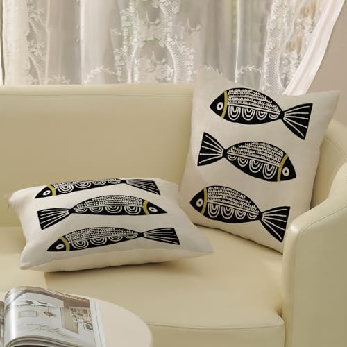 Coastal Pillow Covers 18x18 Inch Set of 2 Ocean Beach Black Fish Throw Pillows - Image 5