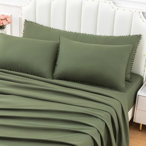 Pom Poms Pillow Shams Standard Size Set of 2, Olive Green Decorative Pillowcases - Image 2