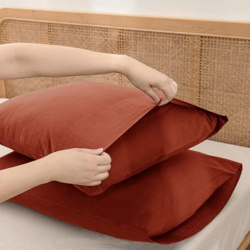BESTOUCH Washed Cotton Pillowcases Linen Feel Burnt Brick Red Queen - Image 4