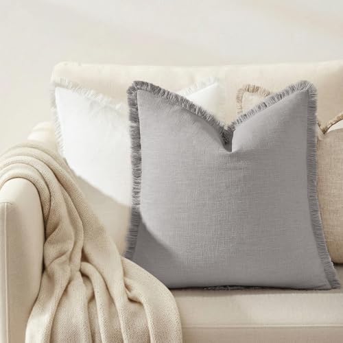 decorUhome Linen Fringe Light Grey Throw Pillow Covers 20x20 Set of 2 - Image 4