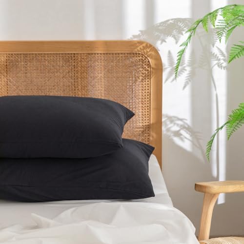 BESTOUCH Washed Cotton Pillowcases Linen Feel Dark Black Standard by BESTOUCH