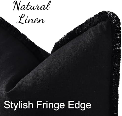 decorUhome Linen Fringe Black Throw Pillow Covers 12x20 Set of 2 - Image 2