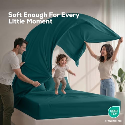 Queen Sheets Set, 4 Pieces 16" Deep Pocket Hotel Luxury Sheets, Teal Green - Image 5