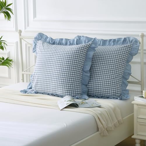 Mywinlle Dusty Blue Plaid Ruffle Gingham Euro Pillow Shams 26"x26" - Image 2