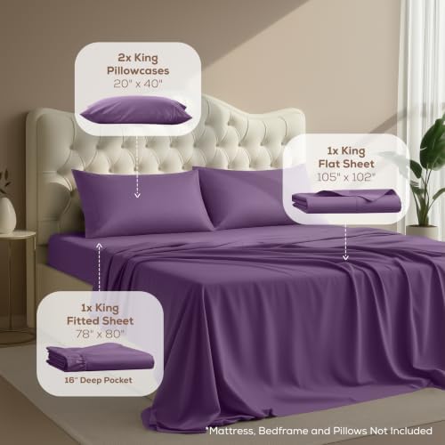 King Sheets Set, 4 Pieces 16" Deep Pocket Hotel Luxury Bedsheets, Egg Plant - Image 2