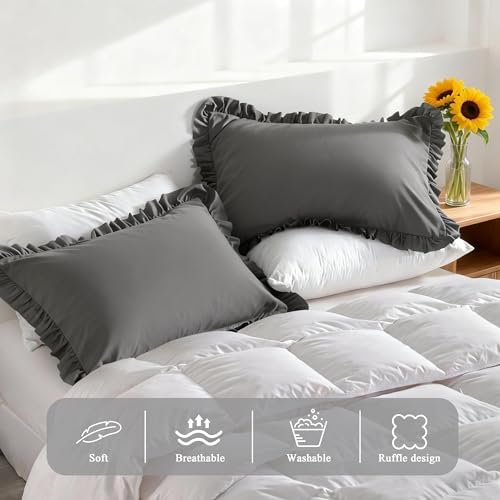 Ruffled Queen Pillow Shams, 2 Pack, 20x30 Inches, Dark Grey - Image 4