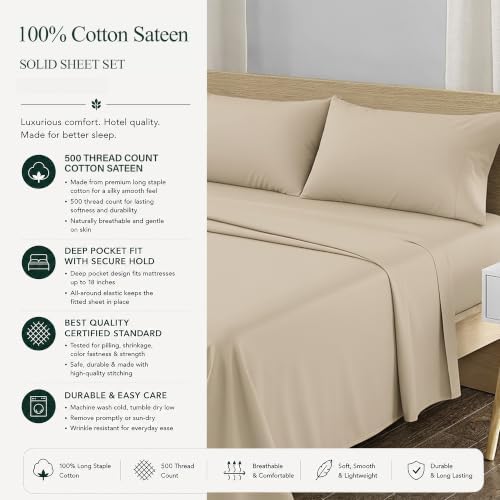Feather & Stitch 100% Cotton Sateen 500 TC Twin Size Bed Sheet Set - Image 6