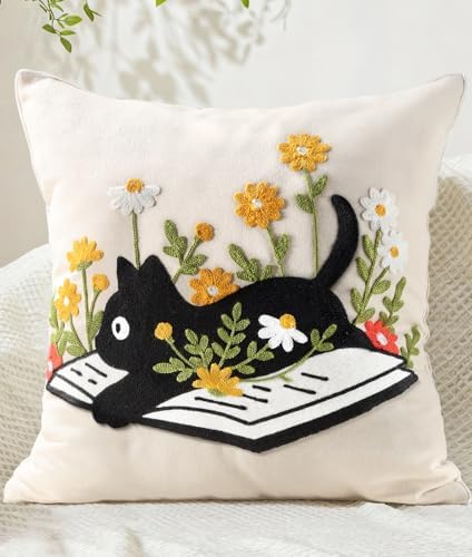Animal Embroidered Throw Pillow Cover 18x18 Inch, Cat Floral by Kokaaee