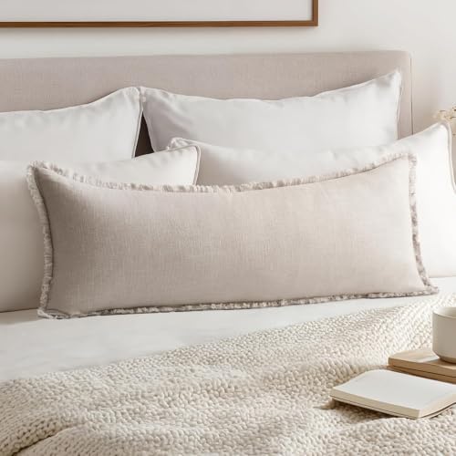 MIULEE 14x36 Long Linen Fringe Lumbar Pillow Covers Set of 1 Natural Beige by MIULEE