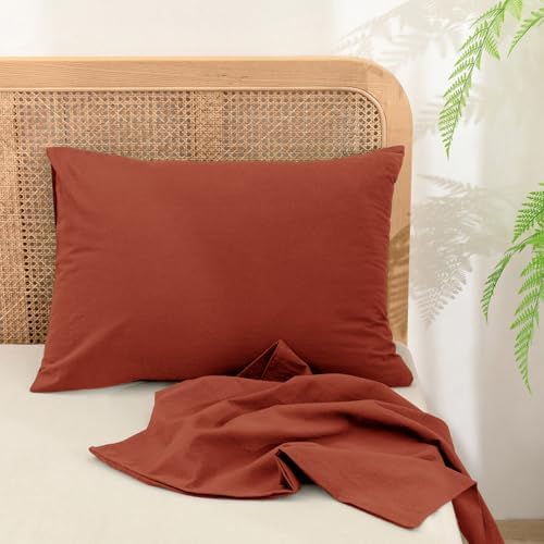 BESTOUCH Washed Cotton Pillowcases Linen Feel Burnt Brick Red King - Image 3